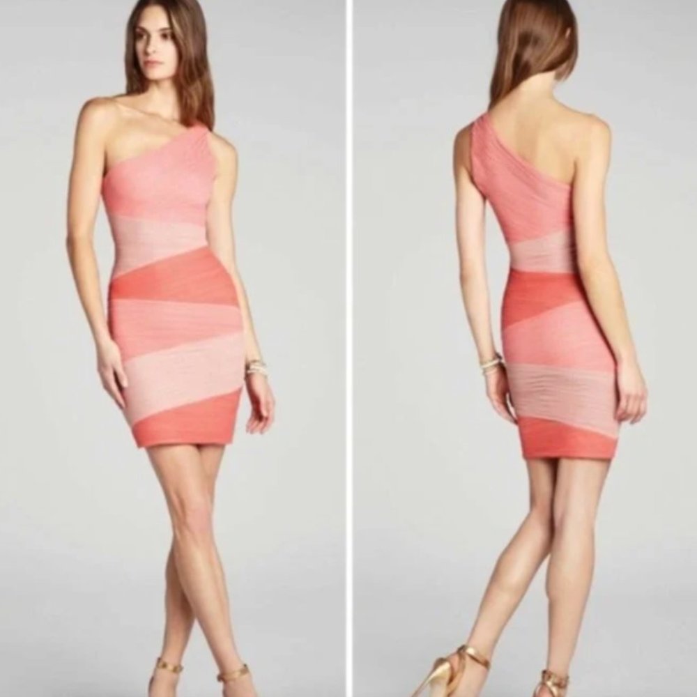 BCBGMaxAzria One Shoulder Dress in Coral and Pink